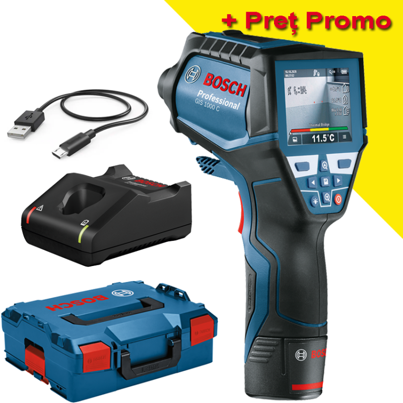 BOSCH GIS 1000 C Termodetector si umidometru cu bluetooth Li-Ion, cu 1 acumulator 2Ah + L-BOXX BOSCH GIS 1000 C Termodetector si umidometru cu bluetooth Li-Ion, cu 1 acumulator 2Ah + L-BOXX