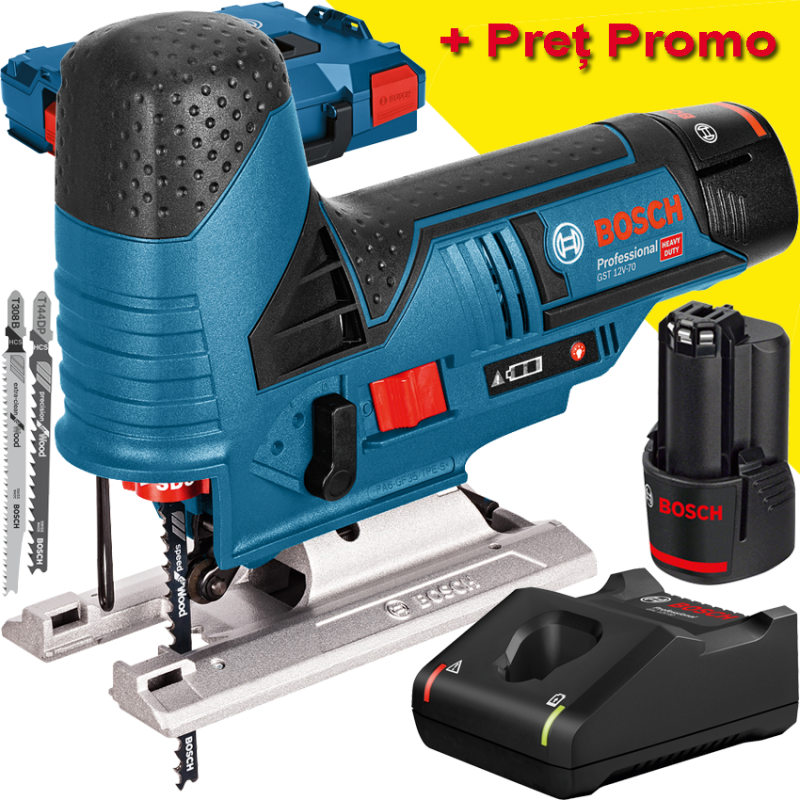 BOSCH GST 12V-70 Ferastrau vertical cu 2 acumulatori Li-Ion, 2Ah + L-BOXX