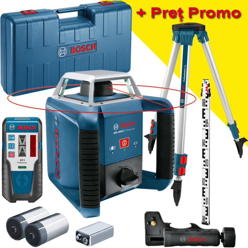 BOSCH GRL 400 H Nivela laser rotativa (400 m) + BT 152 Trepied + GR 2400 Rigla + Valiza BOSCH GRL 400 H Nivela laser rotativa (400 m) + BT 152 Trepied + GR 2400 Rigla + Valiza