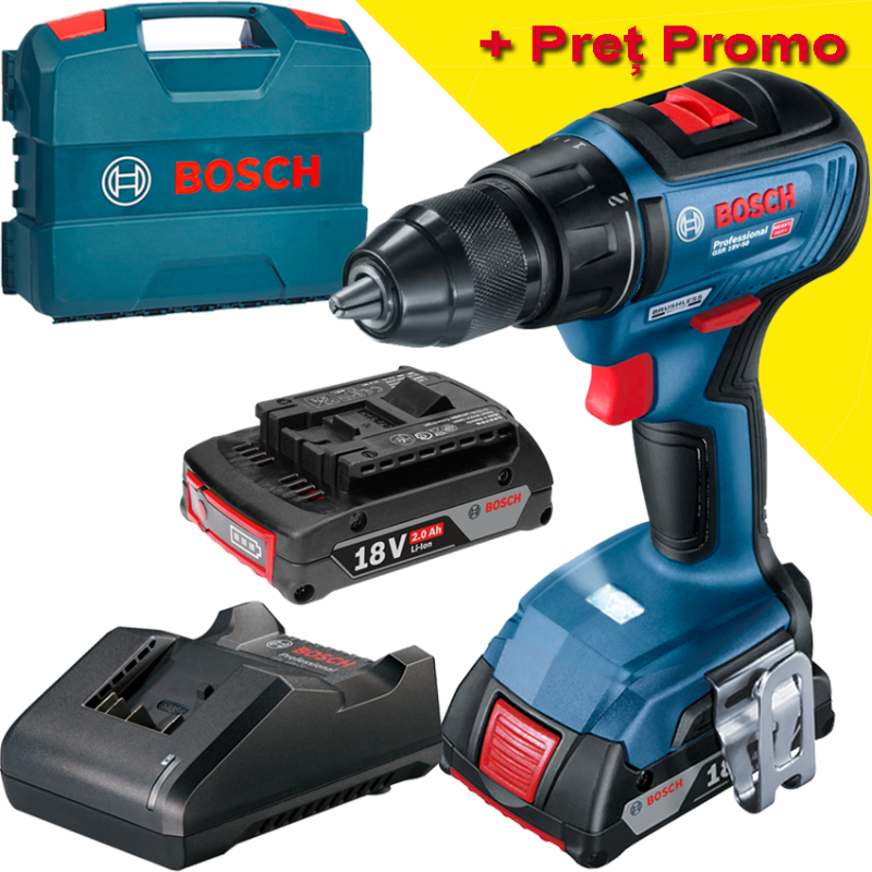 BOSCH GSR 18V-50 Masina de gaurit si insurubat brushless cu 2 acumulatori Li-Ion, 2Ah, 50Nm, cu incarcator de 2Ah GAL18V-20 in V