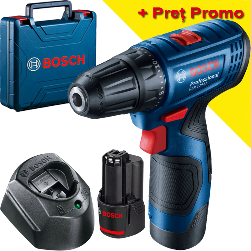 BOSCH GSR 120-LI Masina de gaurit si insurubat cu 2 acumulatori Li-Ion, 2Ah, 30Nm + Valiza
