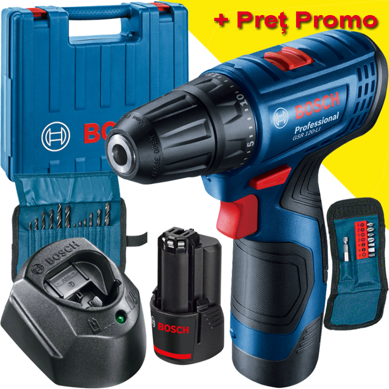 BOSCH GSR 120-LI Masina de gaurit si insurubat cu 2 acumulatori Li-Ion, 2Ah, 30Nm + Valiza + Set 23 accesorii