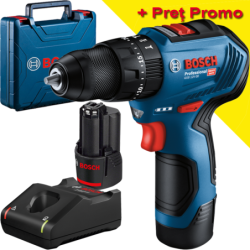BOSCH GSB 12V-30 Masina de gaurit cu percutie brushless cu 2 acumulatori Li-Ion, 2Ah, 30Nm + Valiza