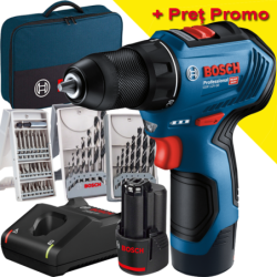 BOSCH GSR 12V-30 Masina de gaurit si insurubat brushless cu 2 acumulatori Li-Ion, 2Ah, 30Nm + 3 Set Accesorii in Geanta textila
