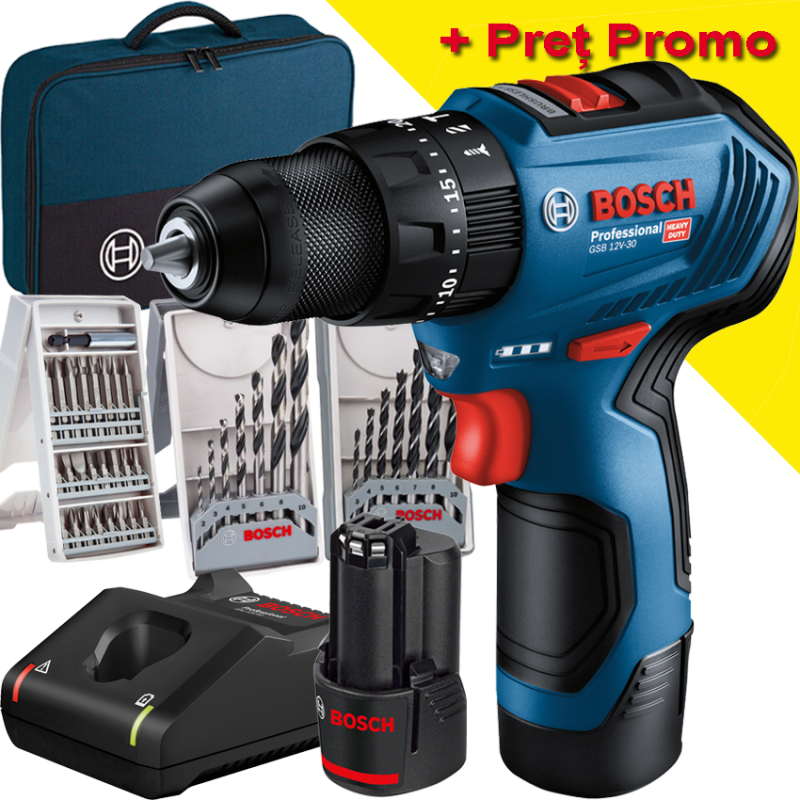 BOSCH GSB 12V-30 Masina de gaurit cu percutie brushless cu 2 acumulatori Li-Ion, 2Ah, 30Nm + 3 Set Accesorii in Geanta textila