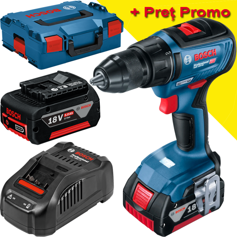 BOSCH GSR 18V-50 Masina de gaurit si insurubat brushless cu 2 acumulatori Li-Ion, 5Ah CoolPack, 50Nm, cu incarcator rapid de 8Ah