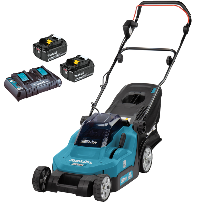 MAKITA DLM382PM2 Masina de tuns iarba cu 2 acumulatori Li-Ion, 2x18V, 4Ah, latime 38 cm + Incarcator