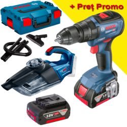 BOSCH GSB 18V-50 Masina de gaurit cu percutie brushless cu 2 acumulatori Li-Ion, 5Ah, 50Nm + L-BOXX + GAS 18V-1 (SOLO) Aspirator