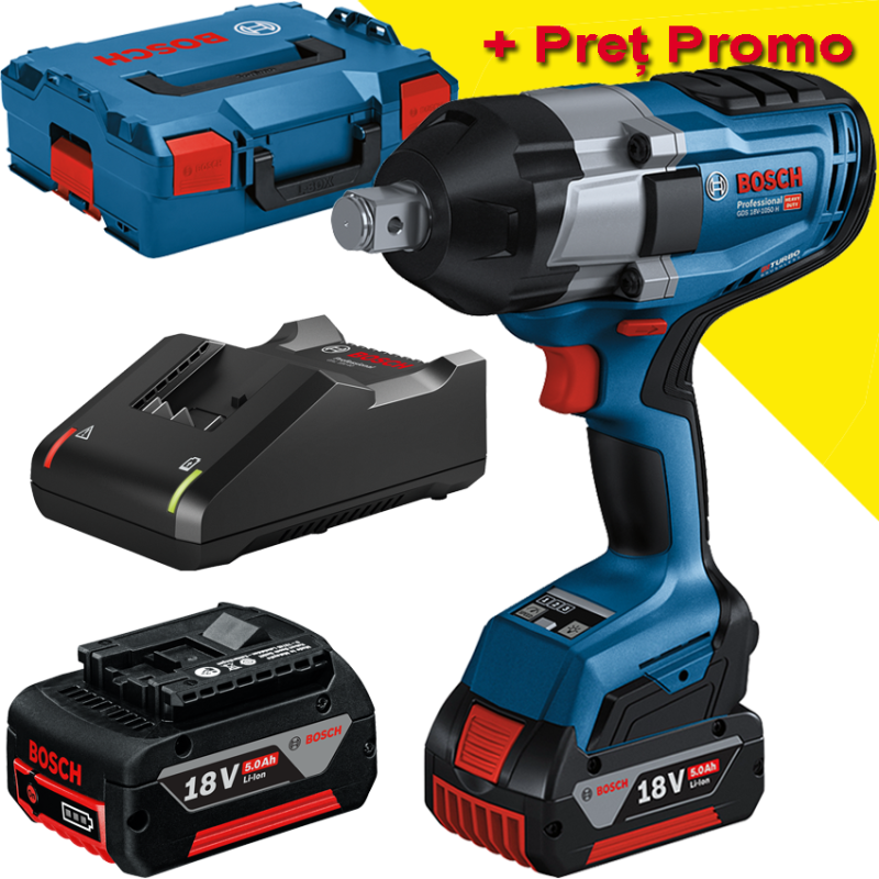 BOSCH GDS 18V-1050 H Surubelnita cu impact brushless BITURBO cu 2 acumulatori Li-Ion, 5Ah, 1050Nm, prindere 3/4" + L-BOXX BOSCH GDS 18V-1050 H Surubelnita cu impact brushless BITURBO cu 2 acumulatori Li-Ion, 5Ah, 1050Nm, prindere 3/4" + L-BOXX