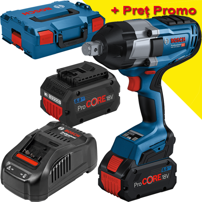 BOSCH GDS 18V-1050 H Surubelnita cu impact cu 2 acumulatori Li-Ion, 8Ah, 1050Nm, prindere 3/4" + L-BOXX BOSCH GDS 18V-1050 H Surubelnita cu impact cu 2 acumulatori Li-Ion, 8Ah, 1050Nm, prindere 3/4" + L-BOXX