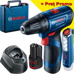 BOSCH GSR 120-Li + GLI 12V-300 Masina de gaurit si insurubat cu 2 acumulatori Li-Ion, 2Ah, 30Nm + Lanterna