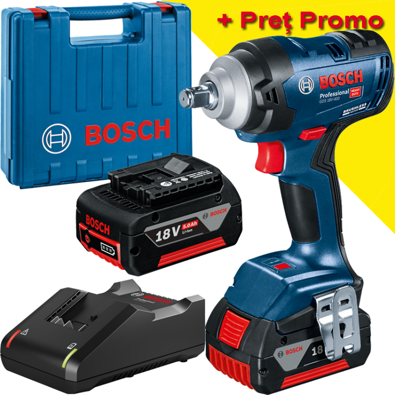 BOSCH GDS 18V-400 Surubelnita cu impact brushless, cu 2 acumulatori Li-Ion, 5Ah, 400Nm, prindere 1/2" + Valiza (NOU!)