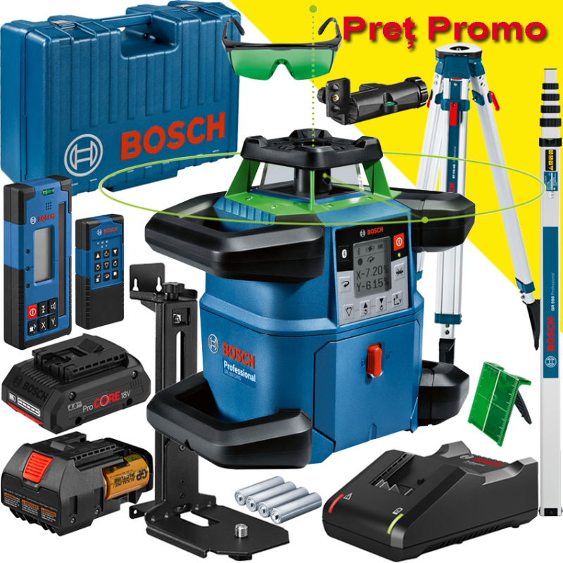 BOSCH GRL 650 CHVG Nivela laser rotativa cu laser VERDE (650 m) + Receptor si telecomanda + BT 170 Trepied + GR 500 Rigla BOSCH GRL 650 CHVG Nivela laser rotativa cu laser VERDE (650 m) + Receptor si telecomanda + BT 170 Trepied + GR 500 Rigla