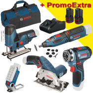 BOSCH  KIT 5 scule 12V (GRO 12V-35/GLI 12V-330/GST 12V-70/GKS 12V-26/GSR 12V-15 FC) cu 2 acumulatori Li-Ion, 3Ah + Incarcator ra