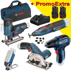 BOSCH KIT 5 scule 12V (GRO 12V-35/GLI 12V-330/GST 12V-70/GKS 12V-26/GSR 12V-30) cu 2 acumulatori Li-Ion, 3Ah + Incarcator rapid