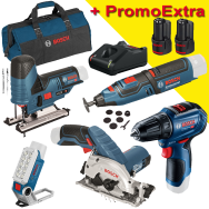 BOSCH  KIT 5 scule 12V (GRO 12V-35/GLI 12V-330/GST 12V-70/GKS 12V-26/GSR 12V-30) cu 2 acumulatori Li-Ion, 3Ah + Incarcator rapid