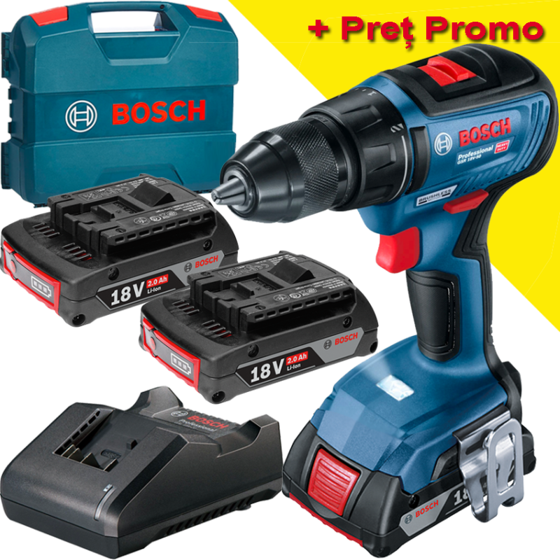 BOSCH GSR 18V-50 Masina de gaurit si insurubat brushless cu 3 acumulatori Li-Ion, 2Ah, 50Nm, cu incarcator de 2Ah GAL18V-20 in V