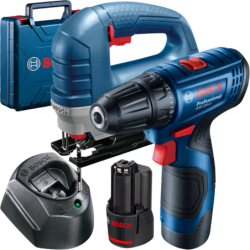 BOSCH Kit 2 scule GST 8000 E Ferastrau vertical 710 W + GSR 120-LI Masina de gaurit si insurubat cu 2 acumulatori Li-Ion, 2Ah, 3