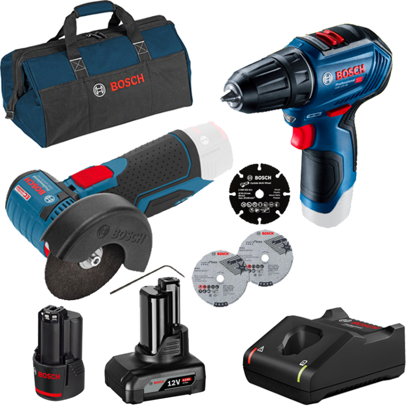 BOSCH Kit 2 scule 12V GWS 12V-76 Polizor unghiular brushless + GSR 12V-30 Masina de gaurit si insurubat brushless, 30Nm + 2 acum