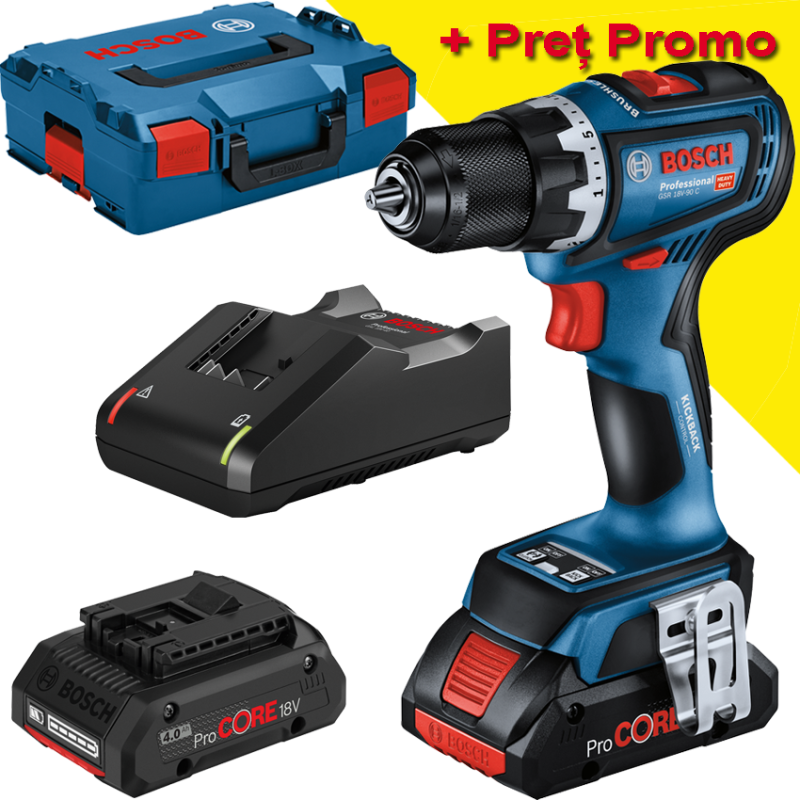 BOSCH GSR 18V-90 C Masina de gaurit si insurubat brushless cu 2 acumulatori Li-Ion, 4Ah ProCore, 64Nm + L-BOXX