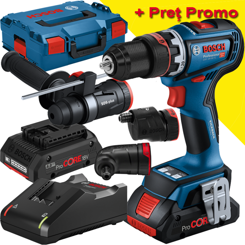 BOSCH GSR 18V-90 FC + GFA 18-M + GFA 18-W + GFA 18-E + G Masina de gaurit si insurubat brushless cu 2 acumulatori Li-Ion, 4Ah Pr