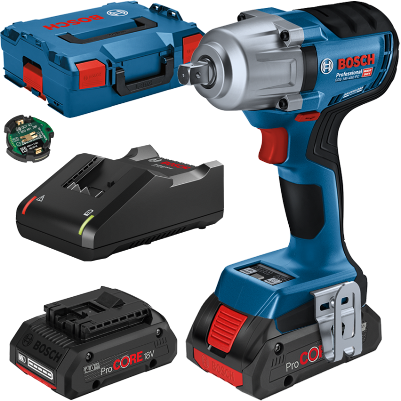 BOSCH GDS 18V-450 PC Surubelnita cu impact brushless, cu 2 acumulatori ProCore Li-Ion, 4Ah, 450Nm, prindere 1/2" + L-BOXX BOSCH GDS 18V-450 PC Surubelnita cu impact brushless, cu 2 acumulatori ProCore Li-Ion, 4Ah, 450Nm, prindere 1/2" + L-BOXX