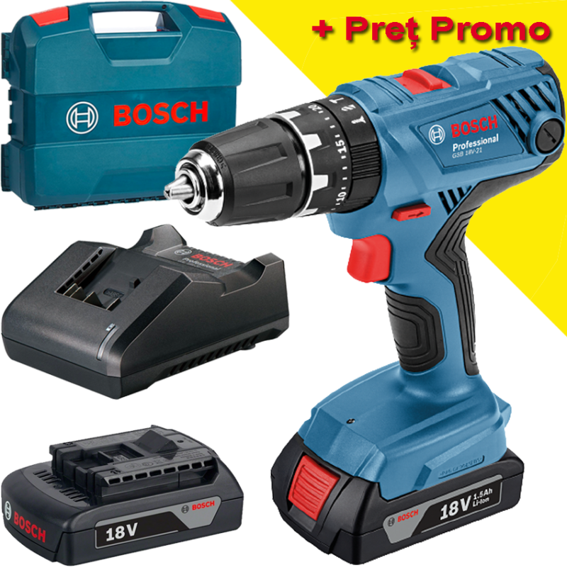 BOSCH GSB 18V-21 Masina de gaurit cu percutie brushless cu 2 acumulatori Li-Ion, 2Ah, 50Nm + Valiza
