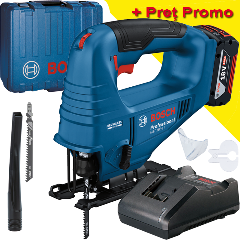 BOSCH GST 183-LI Ferastrau vertical cu 1 acumulator Li-Ion, 4Ah + Incarcator + Valiza