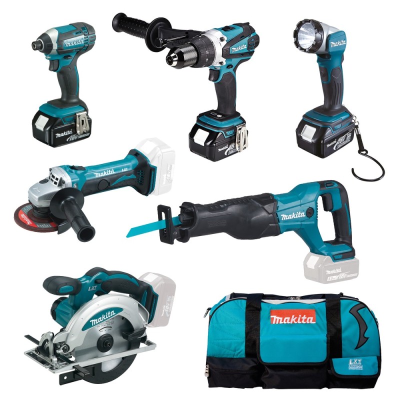 MAKITA DLX6046 Kit 6 scule (DHP458Z + DTD152Z + DGA452 + DJR186Z + DSS610Z + DML802), cu 3 acumulatori Li-Ion, 18V, 5Ah + Incarc
