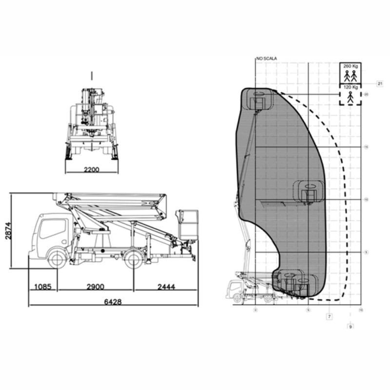 Nacela cu brat telescopic dublu articulat montata pe autosasiu COMET Euro Sky 21/2/9 HQ-H+H H 21m L 9m 260KG
