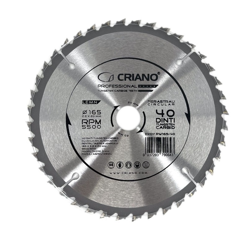 Disc Premium TCT - panza de fierastrau circular pentru taiat lemn, 165x20/16 cu 40 dinti din carbura de tungsten (vidia) - DXDY.