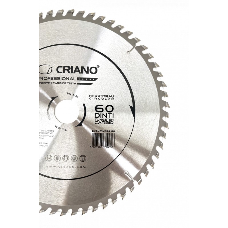Disc Premium TCT - panza de fierastrau circular pentru taiat lemn, 260x30/25,4/20 cu 60 dinti din carbura de tungsten (vidia) -