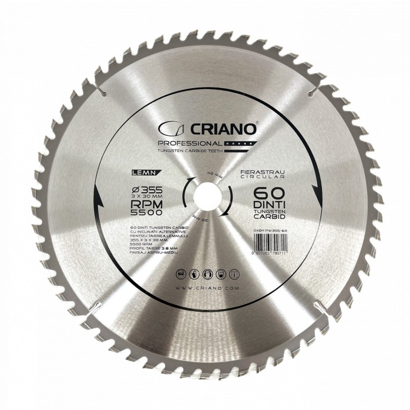 Disc Premium TCT - panza de fierastrau circular pentru taiat lemn, 355x30/25,4/20 cu 60 dinti din carbura de tungsten (vidia) -