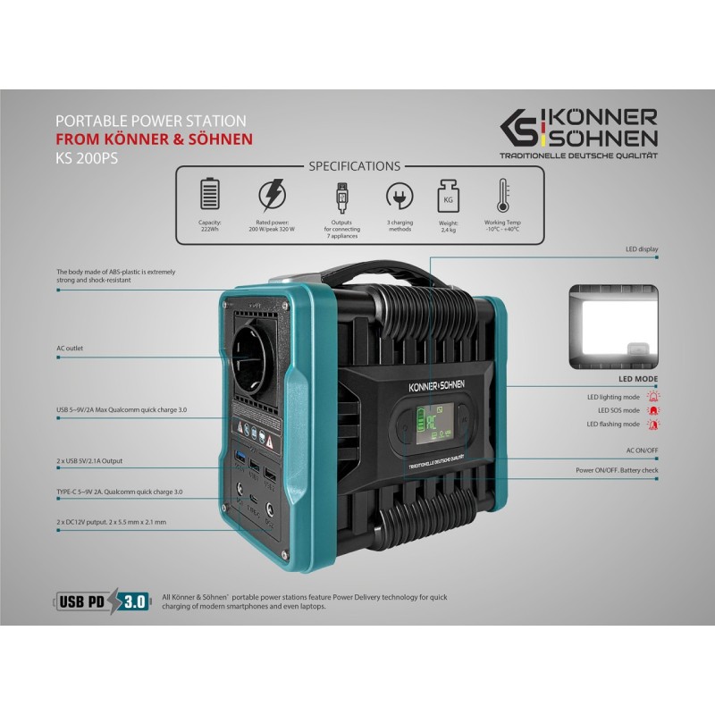 Statie acumulator portabil pentru incarcare electrica, UPS, PowerBank - 222Wh, 200W - KS-200PS