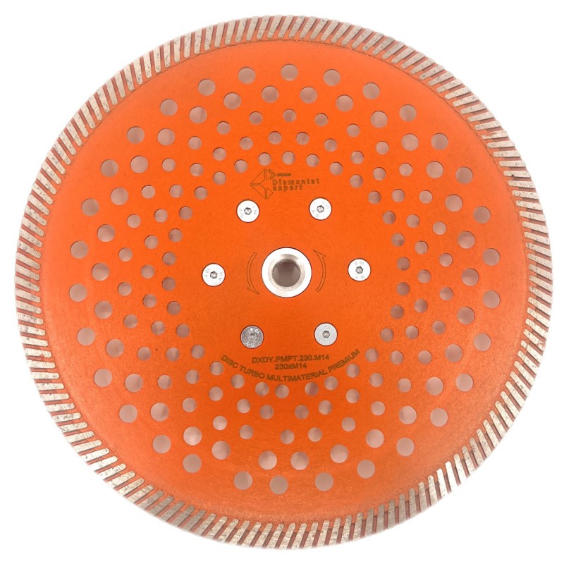 Disc diamantat pentru taiat Granit, Piatra, Beton armat, Materiale dure TURBO Laser 230mm cu prindere M14 SUPER PREMIUM - DXDY.P