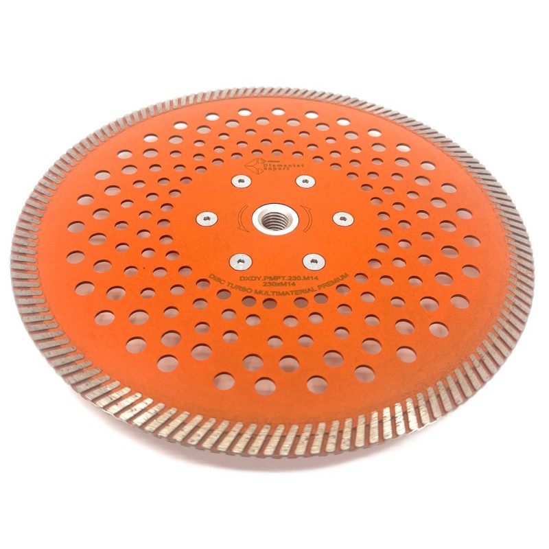 Disc diamantat pentru taiat Granit, Piatra, Beton armat, Materiale dure TURBO Laser 230mm cu prindere M14 SUPER PREMIUM - DXDY.P