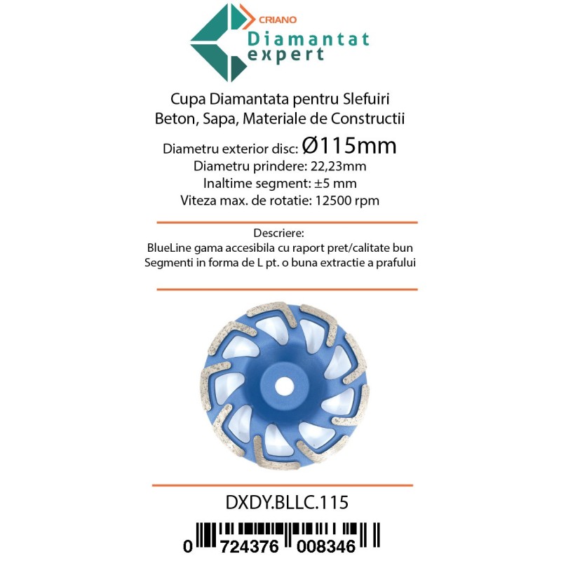 Disc cupa diamantata forma L pentru slefuire Beton/Abrazive 115x22,2mm Standard Profesional - BlueLine - DXDY.BLLC.115