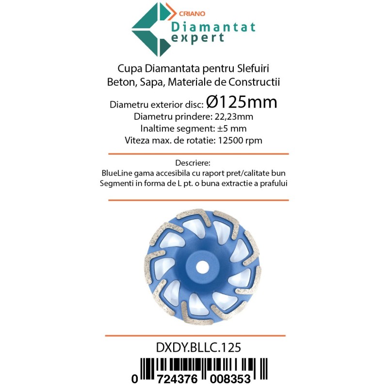 Disc cupa diamantata forma L pentru slefuire Beton/Abrazive 125x22,2mm Standard Profesional - BlueLine - DXDY.BLLC.125