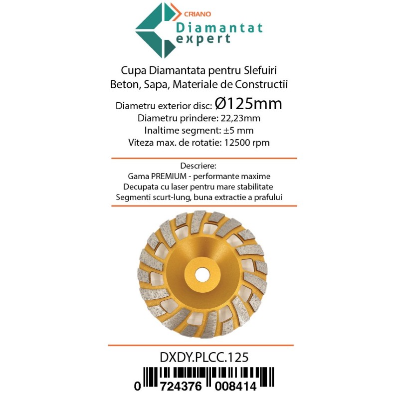 Disc cupa diamantata cu dinti alternativi pentru slefuire rapida de Beton si Abrazive 125mmx22,2mm PREMIUM - DXDY.PLCC.125