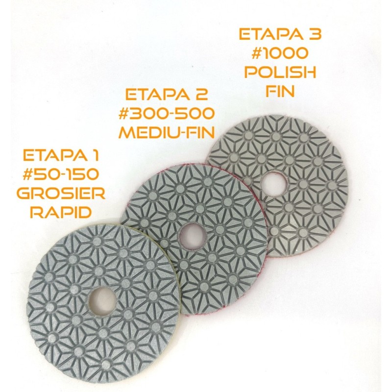 SET 3 paduri / dischete diamantate pt. slefuire uscata in 3 etape Ø100mm #50-1000 - DXDY.DRYPAD.100.3STEP
