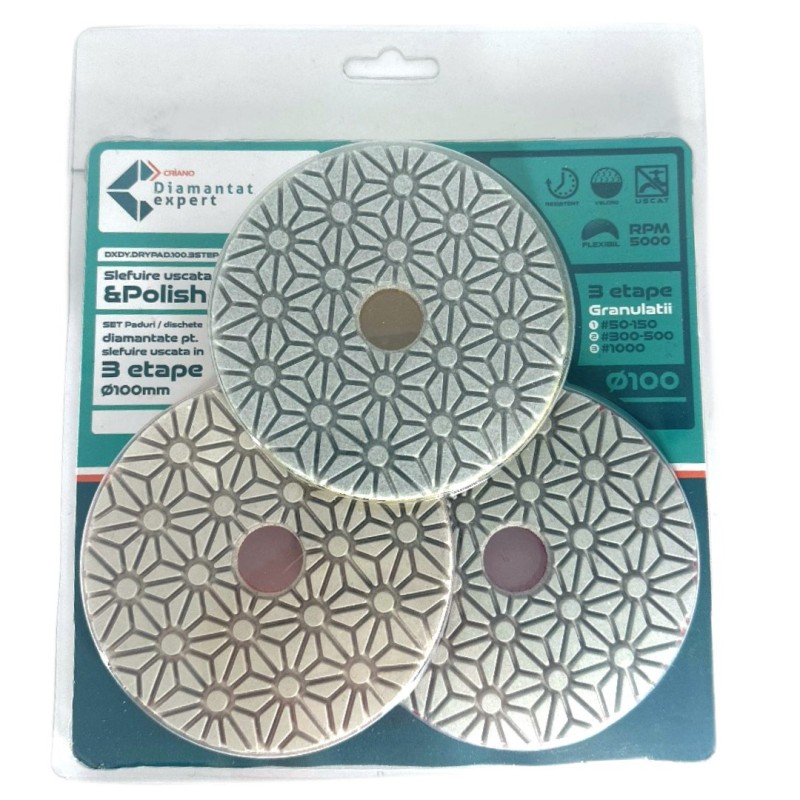 SET 3 paduri / dischete diamantate pt. slefuire uscata in 3 etape Ø100mm #50-1000 - DXDY.DRYPAD.100.3STEP