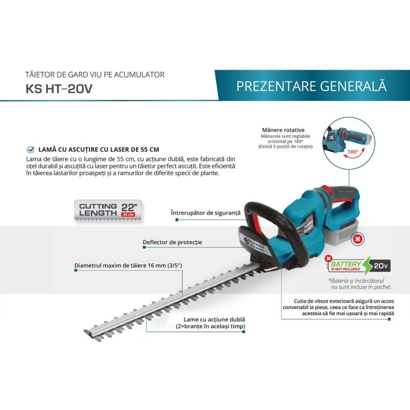Tăietor de gard viu pe acumulator (neinclus) - Konner & Sohnen - KS HT-20V