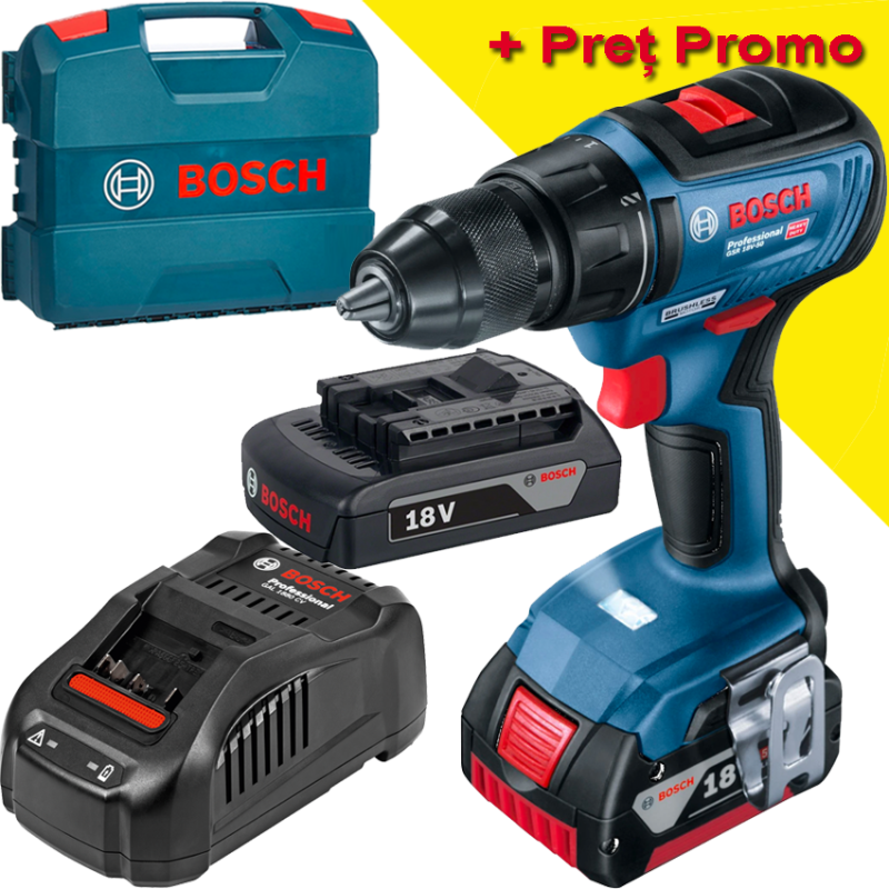 BOSCH GSR 18V-50 Masina de gaurit si insurubat brushless cu 2 acumulatori Li-Ion, unul de 2Ah si unul de 5Ah, 50Nm, cu incarcato