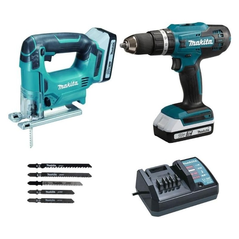 MAKITA DK18B59Y Masina de gaurit cu percutie HP + Ferastrau pentru decupat JV183DZ (SOLO) + 2x BL1815G + DC18WA