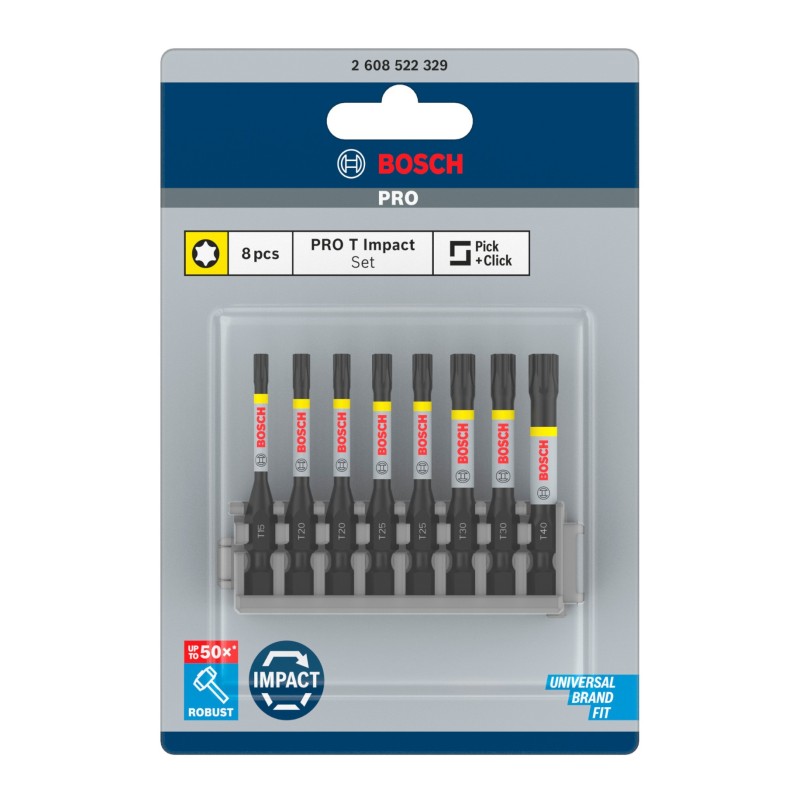 Bosch Set mixt 8 biti impact Torx 55mm, suport standard T15, T20, T25, T30, T40
