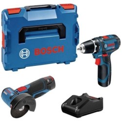 Bosch Set GSR 12V-15 Masina de gaurit + GWS 12V-76 Polizor unghiular + 2 acumulatori GBA 12V 2.0Ah + incărcător GAL 12V-20 Profe