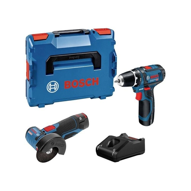 Bosch Set GSR 12V-15 Masina de gaurit + GWS 12V-76 Polizor unghiular + 2 acumulatori GBA 12V 2.0Ah + incărcător GAL 12V-20 Profe