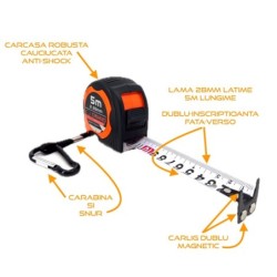 Ruleta Magnetica Heavy-Duty banda metalica cu dublu marcaj, ranforsata anti-shock si carabina, 5m x 28mm - CNO-RUL5X28-HD