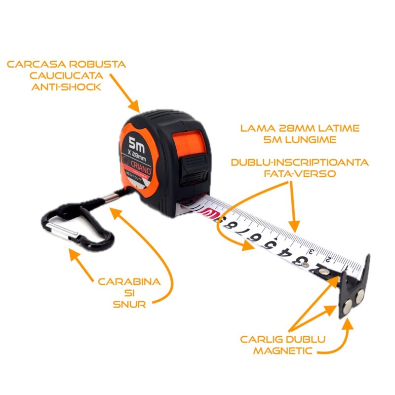 Ruleta Magnetica Heavy-Duty banda metalica cu dublu marcaj, ranforsata anti-shock si carabina, 5m x 28mm - CNO-RUL5X28-HD