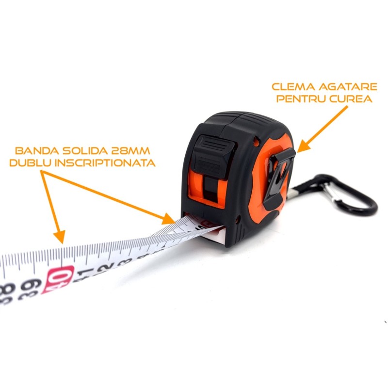 Ruleta Magnetica Heavy-Duty banda metalica cu dublu marcaj, ranforsata anti-shock si carabina, 5m x 28mm - CNO-RUL5X28-HD
